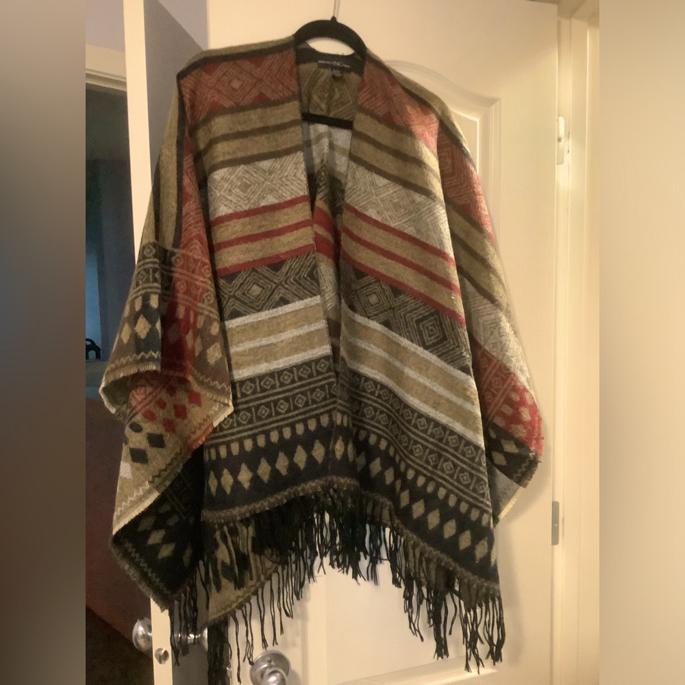 INC International Concepts Red and Brown Patterned Poncho